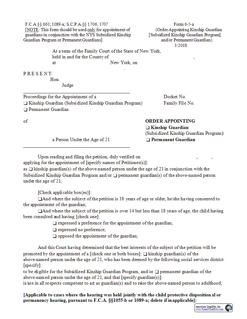 Order Appointing Kinship Guardian [Subsidized] And-Or Permanent Guardian {6-5-a} | Pdf Fpdf Docx | New York